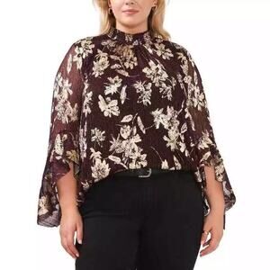 Vince Camuto Sparkle And Shine Blouse Plus 2X Metallic Bell Sleeve Dark Wine NWT